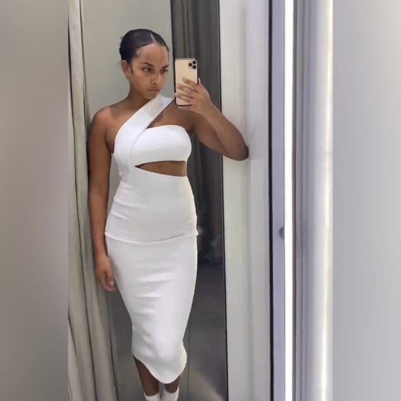 Zara white midi dress cropped one shoulder ribbed cotton fitted bodycon - Picture 5 of 16